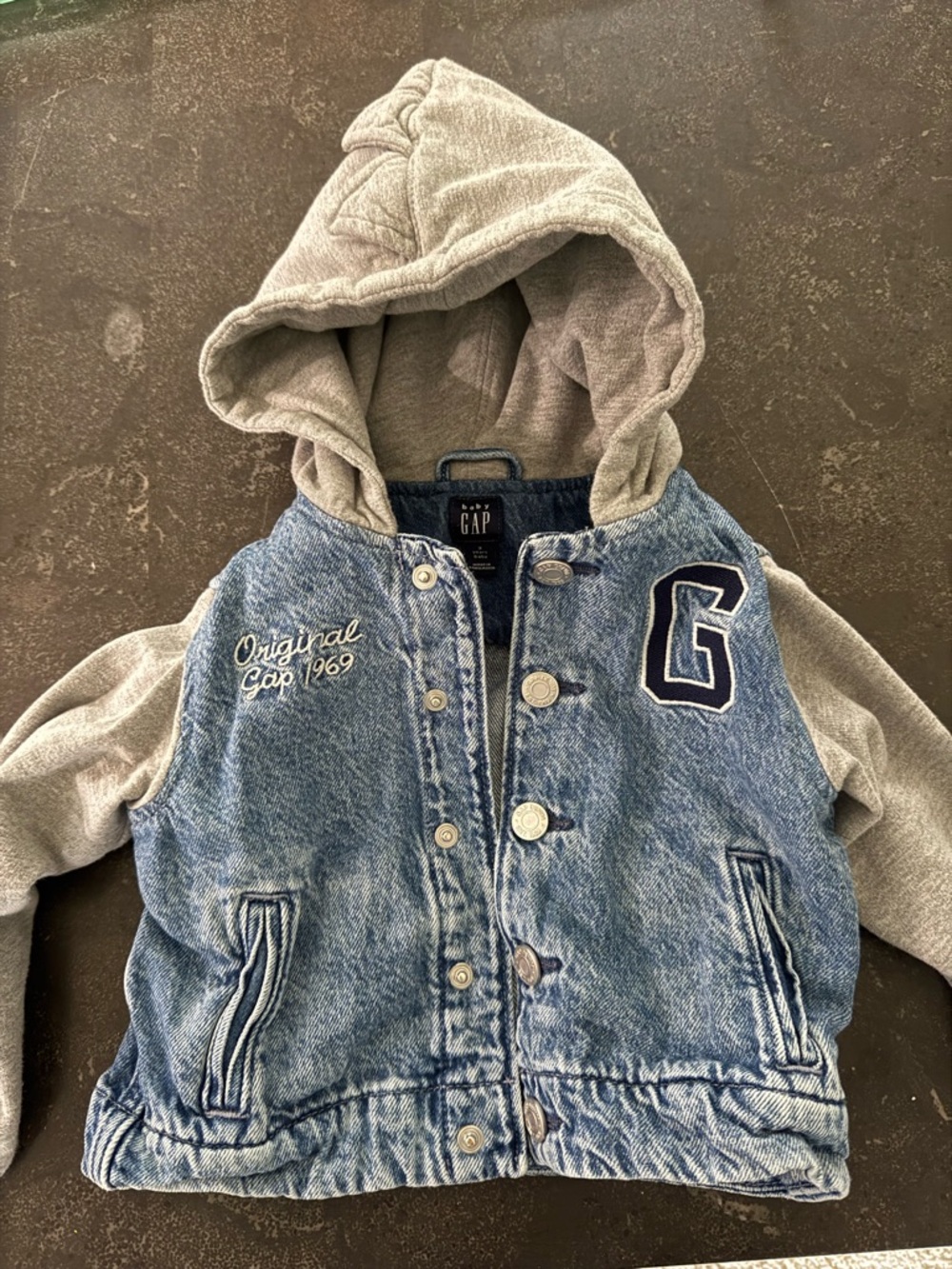 GAP Blue Denim Jacket with Gray Hoodie Sleeves